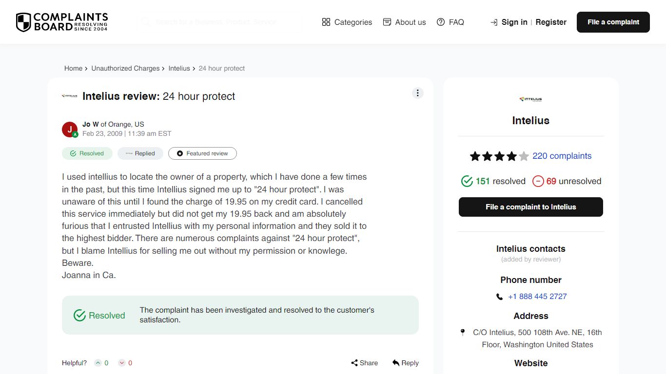 [Resolved] Intelius Review: 24 hour protect - ComplaintsBoard.com